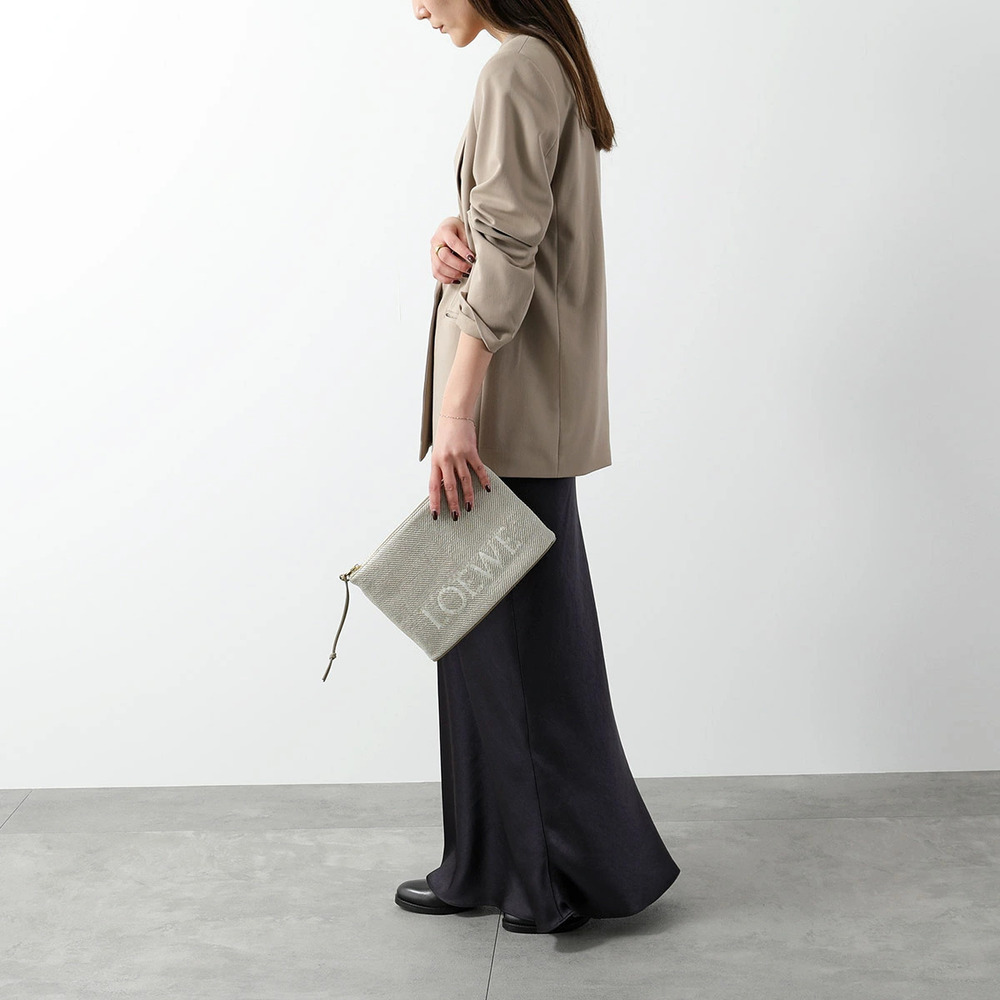 Loewe OBLONG Pouch Clutch Bag Jacquard Canvas Leather ECRU